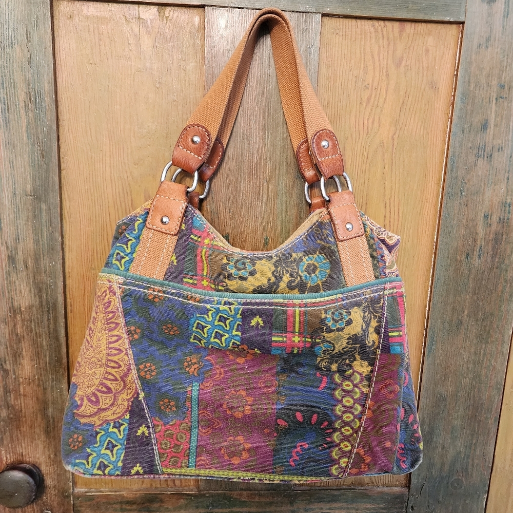 Fossil Multicolor Patchwork Canvas Shoulder Bag with Tan Leather Trim - Picture 2 of 16